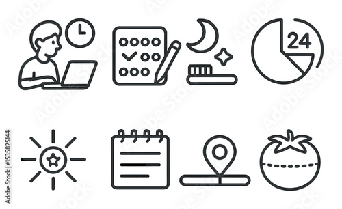 Time management & productivity in linear style: working focus, habit tracker, evening routine, day split, daily highlight icon, schedule pad, progress marker, pomodoro icon.