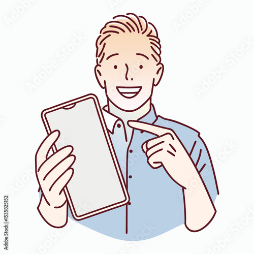 Smiling blonde man presents his blank tablet and indicates it proudly