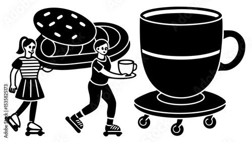 Fun black and white vector illustration depicting roller skating people with a huge hamburger cup and cup of coffee
