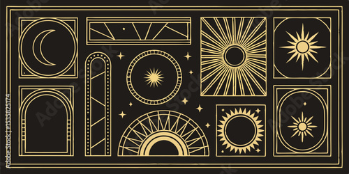 Geometric celestial silhouettes composition with sun moon and stars perfect for decorative 3d design elements and illustrations