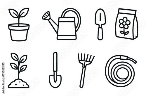 Plants and gardening, linear style: potted plant, watering can, garden shovel, flowerpot, seed packet, tree sapling, rake, garden hose.