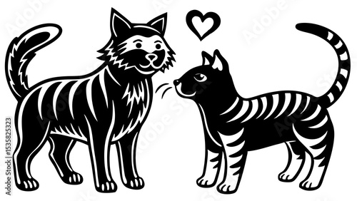 Two cartoon cats in love depicted in a stylish black and white vector illustration with a heart symbol