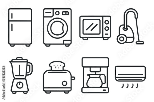 Home appliances, linear style: refrigerator, washing machine, microwave, vacuum cleaner, blender, toaster, coffee maker, air conditioner.