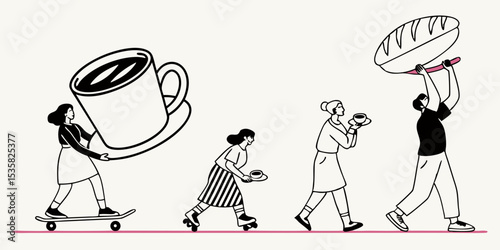 Whimsical line art illustration featuring coffee cup skateboarder roller skater bread server and coffee cup