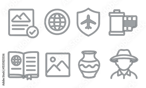 Travel icons linear style: hiking permit, passport stamp, travel insurance, camera roll, travel journal, photo print, souvenir, local guide.
