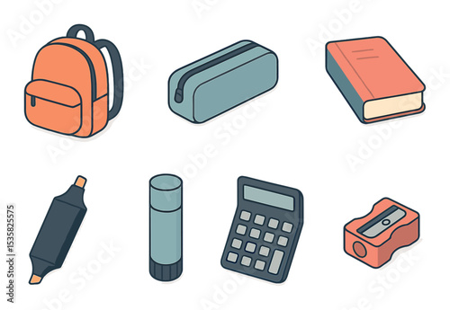 School essentials in modern flat vector : backpack, pencil case, notebook, eraser, calculator, highlighter, glue stick, sharpener.