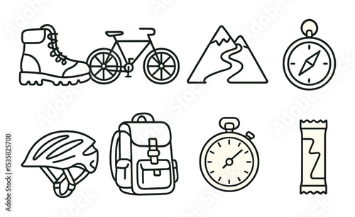 Outdoor sports in linear style: hiking boot, bicycle, mountain trail, compass, helmet, backpack, stopwatch, energy bar.