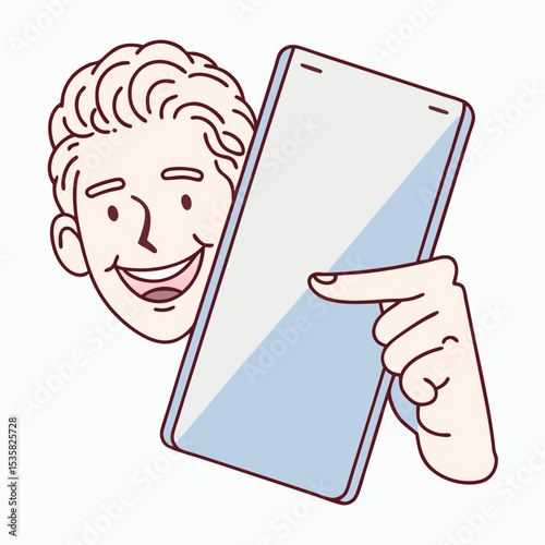 Smiling man points toward the screen of a large, modern cellular telephone display