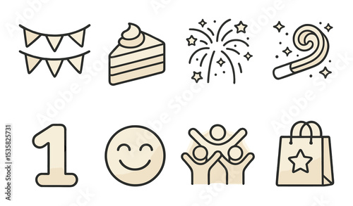 Holidays & celebrations in linear style: garland icon, cake slice, celebration fireworks, party whistle, birthday number, celebration emoji, group cheer, gift bag.