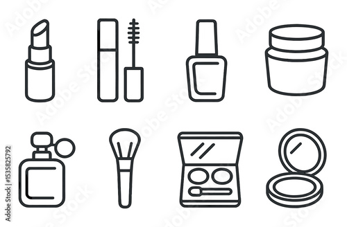 Beauty products in linear style: lipstick, mascara, nail polish, face cream, perfume, makeup brush, eyeshadow palette, compact mirror.