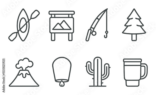 Travel and nature, linear style: kayak, national park sign, fishing rod, forest pine, volcano, sky lantern, desert cactus, travel mug.