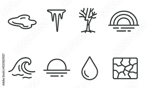Nature icons linear style: rain puddle, icicle, lightning tree, rainbow arc, high tide, sunset silhouette, dew drop, mud crack.