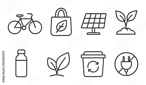 Eco lifestyle in linear style: bicycle, reusable bag, solar panel, plant, water bottle, eco leaf, compost bin, unplug symbol.