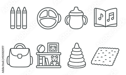 Children icons linear style: coloring pens, toddler plate, sippy cup, musical book, diaper bag, nursery shelf, growth toy, plush carpet.