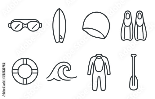 Water sports in linear style: swim goggles, surfboard, swim cap, flippers, lifebuoy, wave icon, wetsuit, paddle.