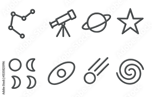Astronomy symbols, linear style: constellation, telescope, planet ring, star, moon phases, orbit path, comet, galaxy swirl.