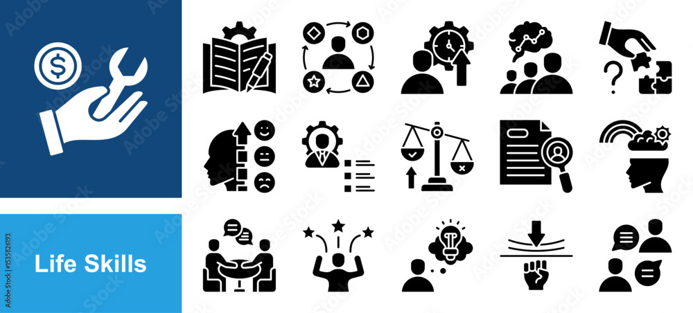 Fototapeta premium Life Skills icon set with Communication, Problem solving, Emotional intelligence, Soft skills, Resilience, Creative thinking, Confidence.