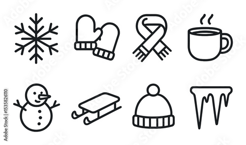 Winter objects linear icons: snowflake, mittens, scarf, hot cocoa, snowman, sled, winter hat, icicle.
