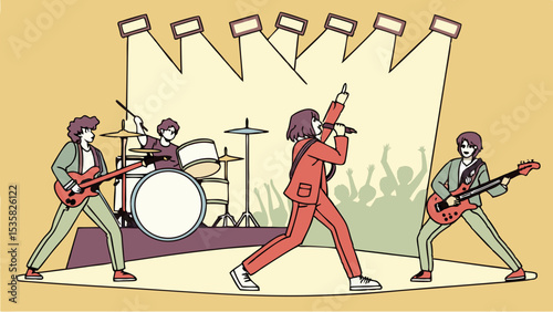 Vector world rock day live band performance on stage with singer guitarist drummer and crowd enjoying the music concert show 100