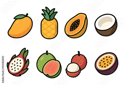 Tropical fruits in modern flat vector : mango, pineapple, papaya, coconut, dragon fruit, guava, lychee, passion fruit.