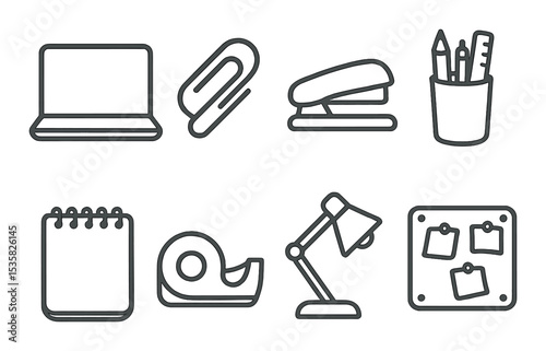 Office icons linear style: laptop, paperclip, stapler, pen holder, notepad, tape dispenser, desk lamp, cork board.