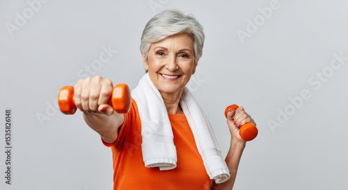 Smiling senior woman with gray hair exercising with orange dumbbells and a towel. Represents active aging, fitness, and a healthy lifestyle.