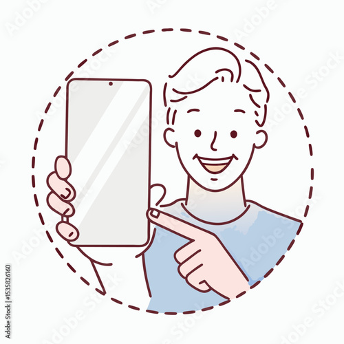 Smiling man with a phone demonstrates something on its screen, all encircled by lines