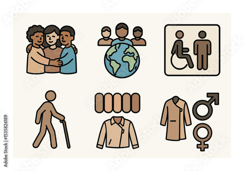 Diversity and inclusion, linear style: group hug, multicultural team, globe with people, skin tone palette, inclusive restroom sign, person with cane, adaptive clothing, gender symbols.