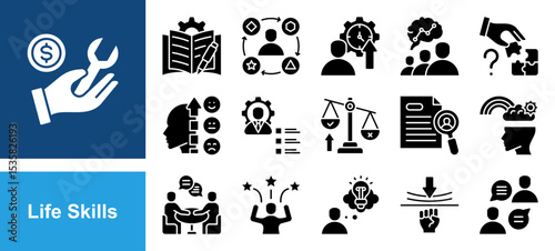 Life Skills icon set with Communication, Problem solving, Emotional intelligence, Soft skills, Resilience, Creative thinking, Confidence.