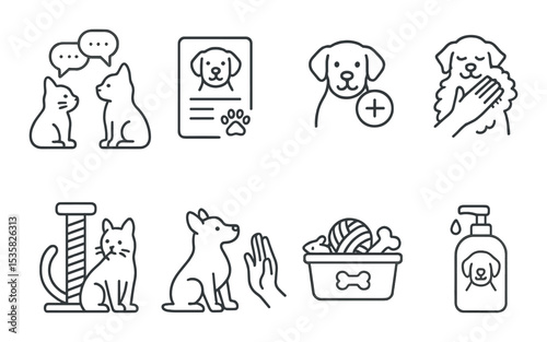 Pets & animals in linear style: animal communication, pet record, veterinary care, fur cleaning icon, scratching post, obedience icon, pet toys bin, pet shampoo.