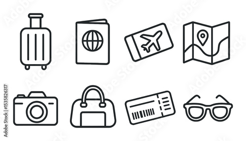 Travel essentials in linear style: suitcase, passport, plane ticket, map, camera, travel bag, boarding pass, sunglasses.