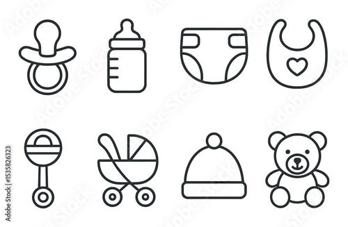 Baby essentials in linear style: pacifier, bottle, diaper, bib, rattle, baby stroller, baby hat, teddy bear.