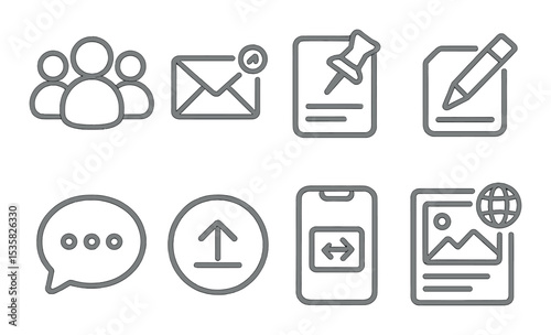 Social media & communication in linear style: group followers, DM request, pin post icon, caption writing, message status, story upload, screen share, public post.