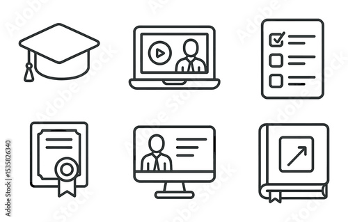 Online education in linear style: graduation cap, laptop, video lesson, test sheet, online course, certificate, book, whiteboard.