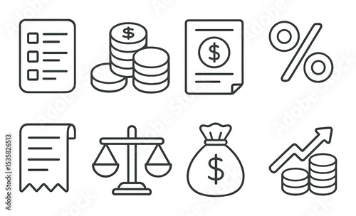 Personal finance linear icons: budget sheet, coin stack, bill, percentage, receipt, balance scale, money bag, investment arrow.