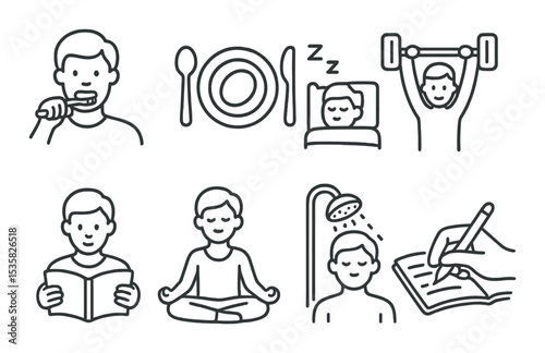 Daily habits linear icons: brushing teeth, eating, sleeping, exercising, reading, meditating, showering, journaling.