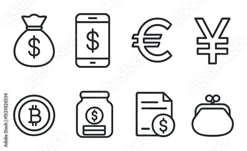 linear style icons of money: money bag, mobile banking app, euro symbol, yen symbol, bitcoin coin, savings jar, bill payment, coin purse.