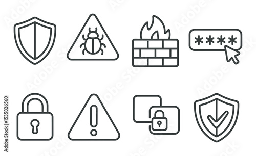 Online security in linear style: shield, malware alert, firewall, password, lock icon, warning triangle, encryption, antivirus.