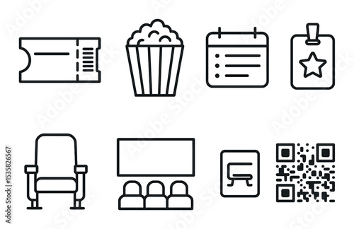 Cinema tickets: ticket stub, barcode, popcorn, seat icon, cinema screen, schedule, VIP pass, QR code. Linear style, isolated, no text