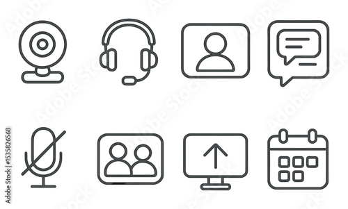 Online meetings in linear style: webcam, headphones, video tile, chat window, mic mute, participants icon, screen share, calendar.