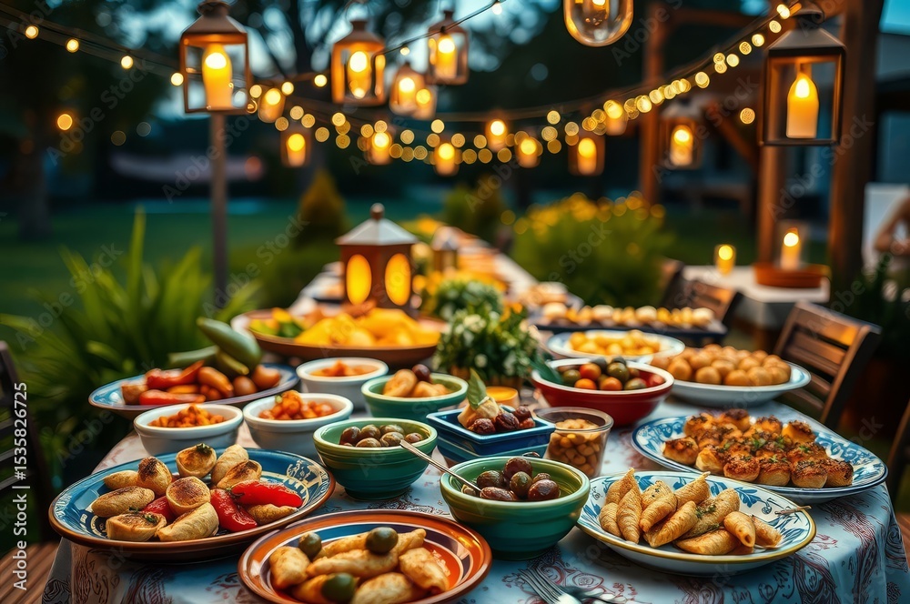 Fototapeta premium Twilight tapas feast under lights