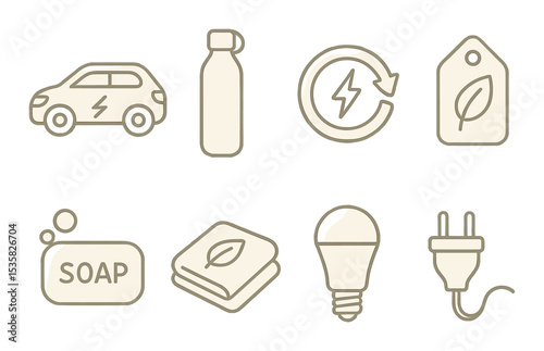 Eco-living, linear style: electric car, reusable bottle, green energy symbol, eco label, eco soap, natural fabric, LED light, unplugged plug.