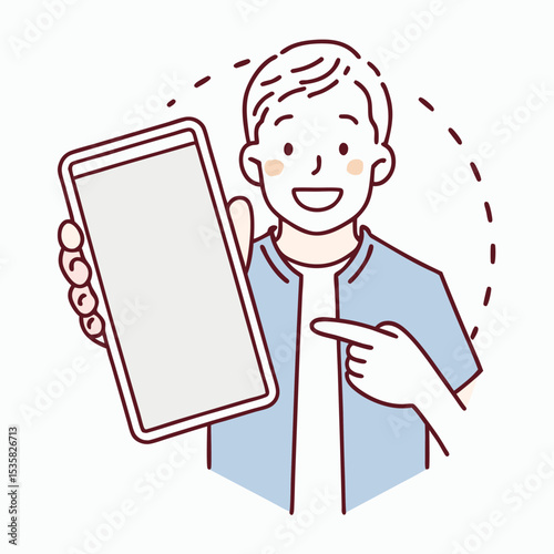 Smiling Asian man showcases tablet screen and points towards it with great confidence