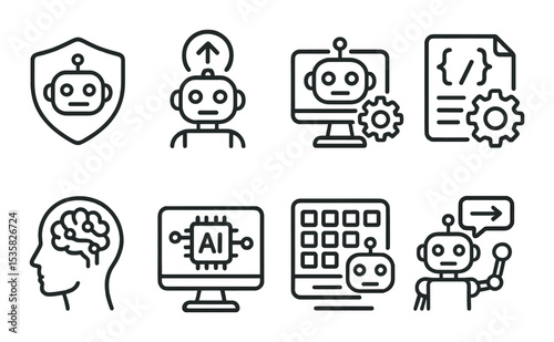 AI & robotics in linear style: ethical AI, robot upgrade icon, command hub, automation script, intelligence icon, AI monitoring, training set, robot command.