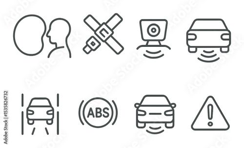 Car safety: airbag, seatbelt, camera, parking sensor, lane assist, ABS, emergency brake, alert icon. Linear style, isolated, no text