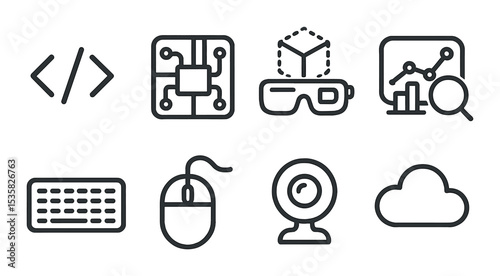 Technology, linear style: code symbol, circuit board, augmented reality icon, data analytics chart, keyboard, mouse, webcam, cloud icon.