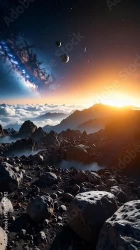 Surreal mountain landscape overlooking cloud sea and distant galaxies and planets, illuminated by soft light.