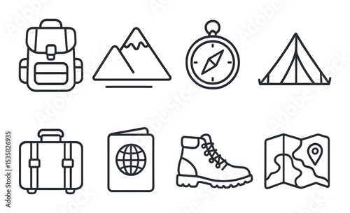 Travel and nature, linear style: backpack, mountain peak, compass, tent, suitcase, passport, hiking boots, map.