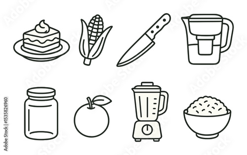Food and drinks, linear style: fancy dessert plate, corn cob, kitchen knife, water filter jug, glass jar, fresh orange, blender, rice bowl.