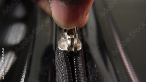 Man zipping up travel suitcase close-up. Close-up of hand zipping a black suitcase.